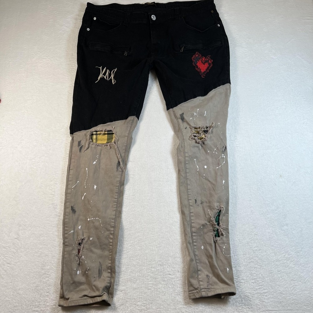 KEEP Jeans Mens 40x32 Black Tan Patchwork Skinny Distressed Grunge Paint Denim